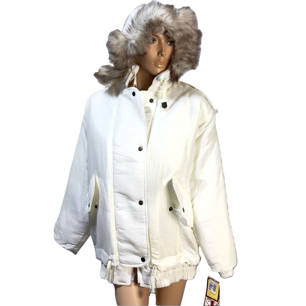Vintage HM Abernathy Puffer Jacket Finland Fox Fur Trim Hood Ivory Womens L READ